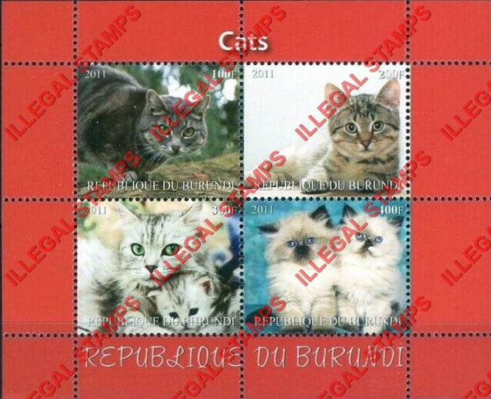 Burundi 2011 Cats (different) Counterfeit Illegal Stamp Souvenir Sheet of 4 (Sheet 1)