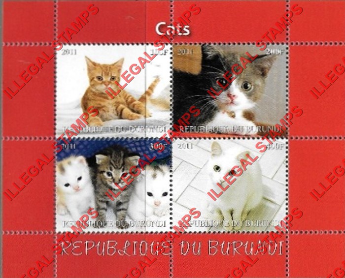 Burundi 2011 Cats (different) Counterfeit Illegal Stamp Souvenir Sheet of 4 (Sheet 2)