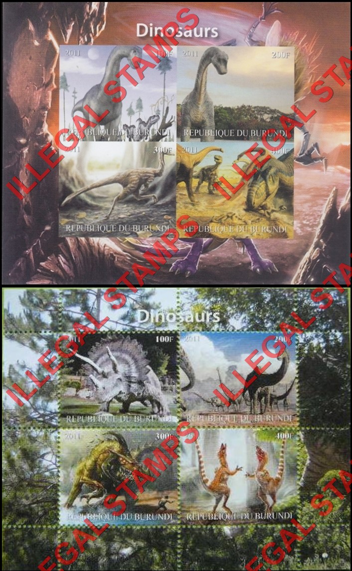 Burundi 2011 Dinosaurs (different) Counterfeit Illegal Stamp Souvenir Sheets of 4 (Part 1)