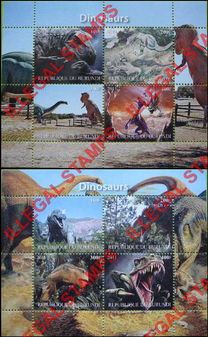 Burundi 2011 Dinosaurs (different) Counterfeit Illegal Stamp Souvenir Sheets of 4 (Part 2)