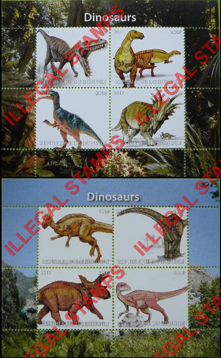 Burundi 2011 Dinosaurs (different) Counterfeit Illegal Stamp Souvenir Sheets of 4 (Part 3)