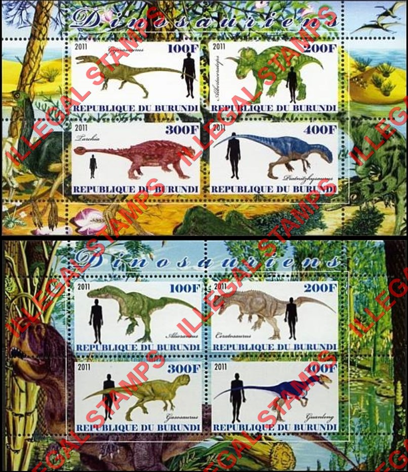 Burundi 2011 Dinosaurs Counterfeit Illegal Stamp Souvenir Sheets of 4 (Part 1)