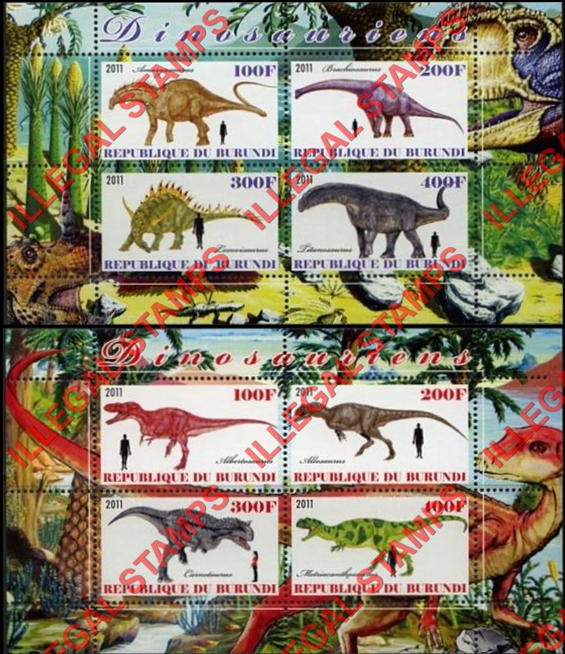 Burundi 2011 Dinosaurs Counterfeit Illegal Stamp Souvenir Sheets of 4 (Part 2)