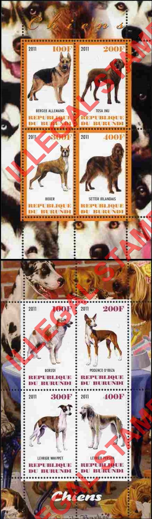 Burundi 2011 Dogs Counterfeit Illegal Stamp Souvenir Sheet of 4 (Part 1)