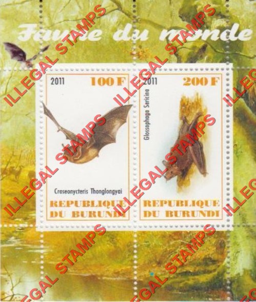 Burundi 2011 Fauna of the World Bats Counterfeit Illegal Stamp Souvenir Sheet of 2 (Sheet 1)