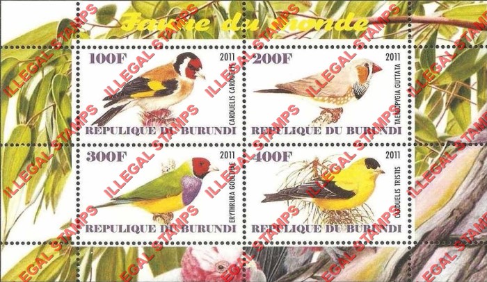 Burundi 2011 Fauna of the World Birds Finches Counterfeit Illegal Stamp Souvenir Sheet of 4