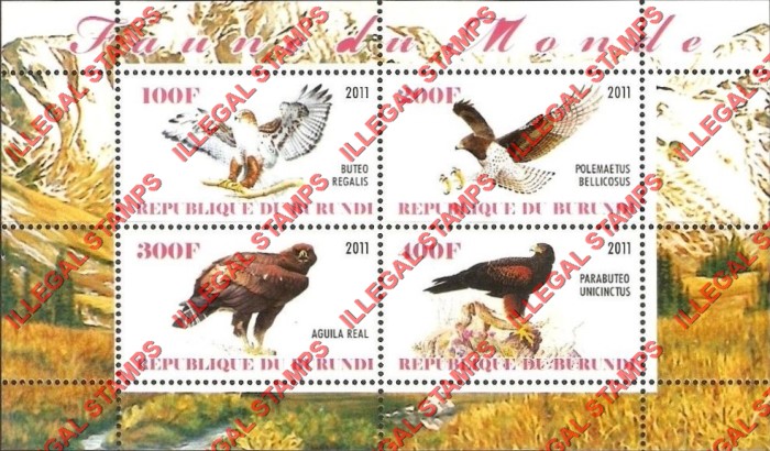 Burundi 2011 Fauna of the World Birds of Prey Hawks and Eagles Counterfeit Illegal Stamp Souvenir Sheet of 4 (Sheet 1)