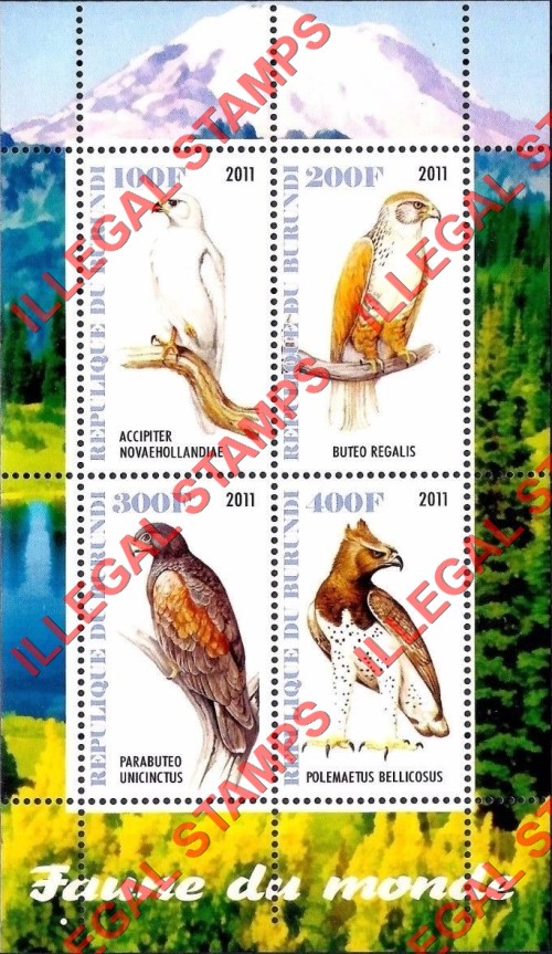 Burundi 2011 Fauna of the World Birds of Prey Hawks and Eagles Counterfeit Illegal Stamp Souvenir Sheet of 4 (Sheet 2)