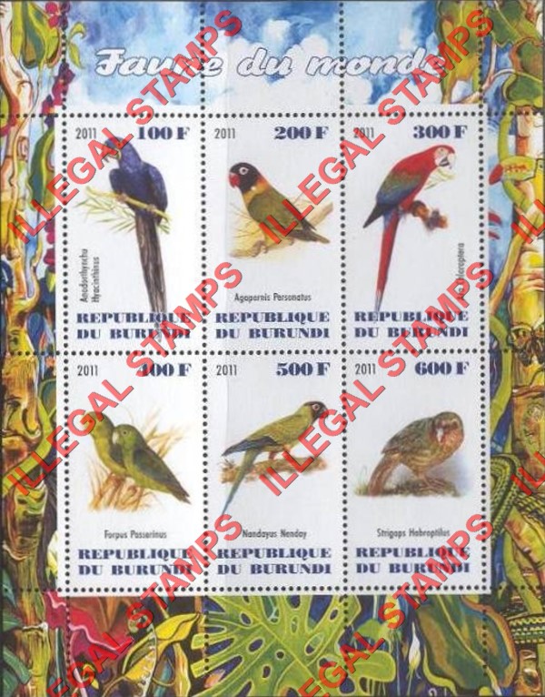 Burundi 2011 Fauna of the World Birds Parrots Counterfeit Illegal Stamp Souvenir Sheet of 6