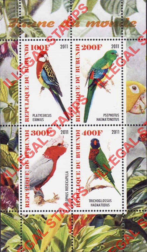 Burundi 2011 Fauna of the World Birds Parrots Counterfeit Illegal Stamp Souvenir Sheet of 4