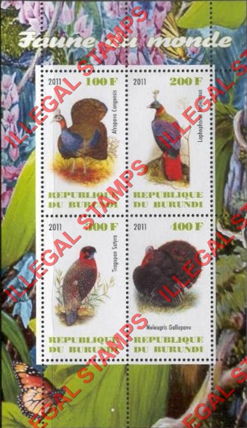 Burundi 2011 Fauna of the World Birds Pheasants and Turkeys Counterfeit Illegal Stamp Souvenir Sheet of 4
