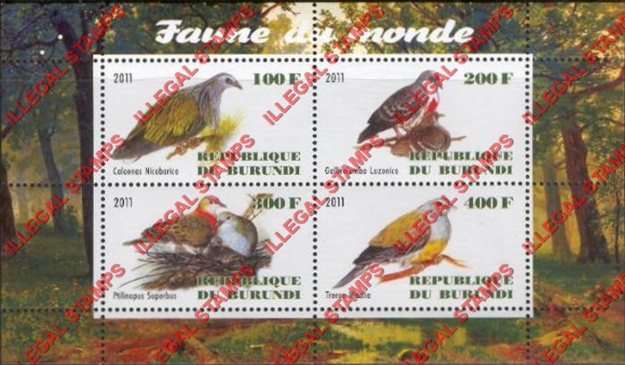 Burundi 2011 Fauna of the World Birds Pigeons and Doves Counterfeit Illegal Stamp Souvenir Sheet of 4