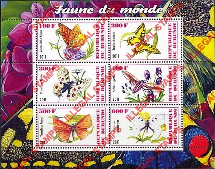 Burundi 2011 Fauna of the World Butterflies Counterfeit Illegal Stamp Souvenir Sheet of 6