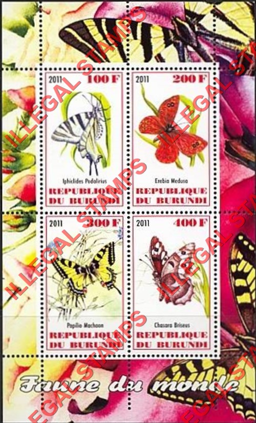 Burundi 2011 Fauna of the World Butterflies Counterfeit Illegal Stamp Souvenir Sheet of 4