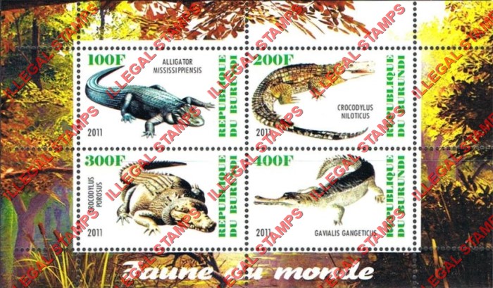 Burundi 2011 Fauna of the World Crocodiles and Alligators Counterfeit Illegal Stamp Souvenir Sheet of 4