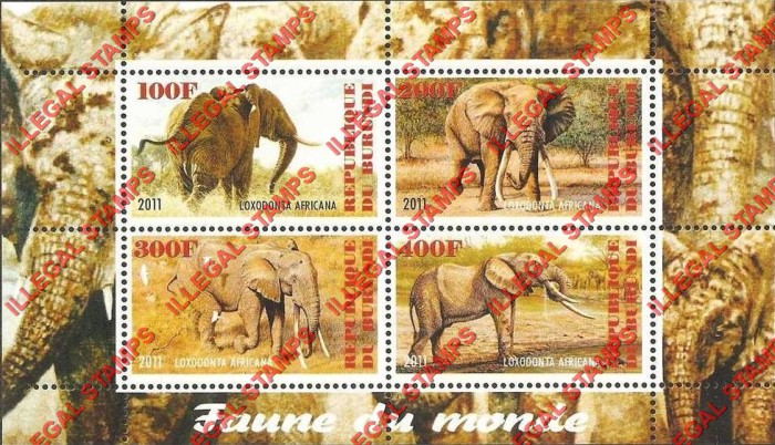 Burundi 2011 Fauna of the World Elephants Counterfeit Illegal Stamp Souvenir Sheet of 4