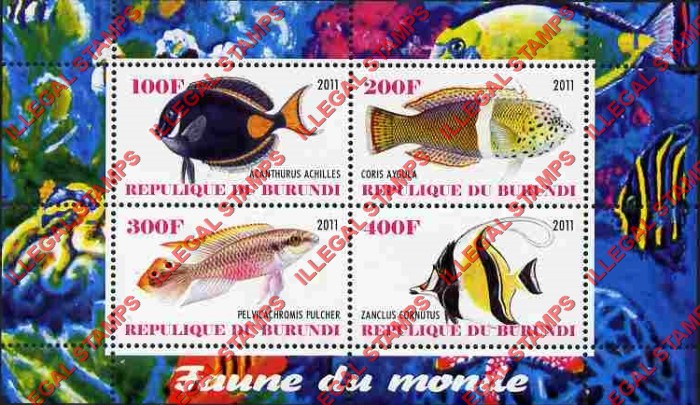 Burundi 2011 Fauna of the World Fish Counterfeit Illegal Stamp Souvenir Sheet of 4