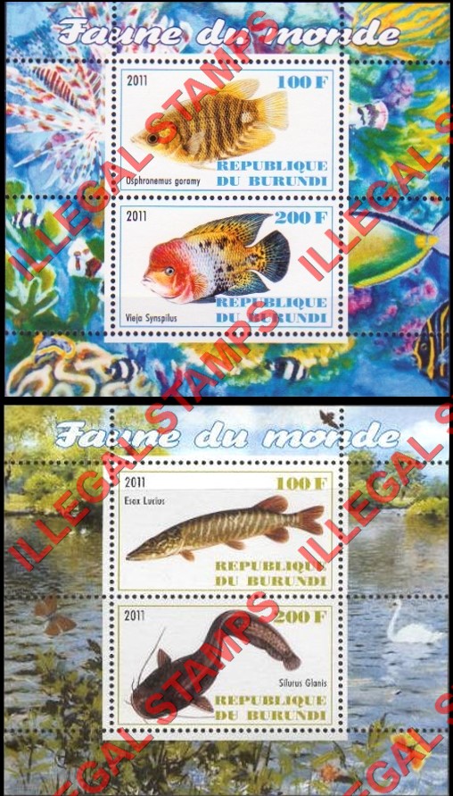 Burundi 2011 Fauna of the World Fish Counterfeit Illegal Stamp Souvenir Sheets of 2