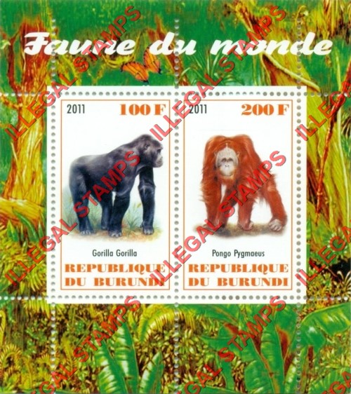 Burundi 2011 Fauna of the World Gorilla and Orangutan Counterfeit Illegal Stamp Souvenir Sheet of 2