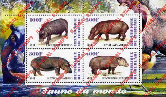 Burundi 2011 Fauna of the World Hippopotamus Hippos Counterfeit Illegal Stamp Souvenir Sheet of 4