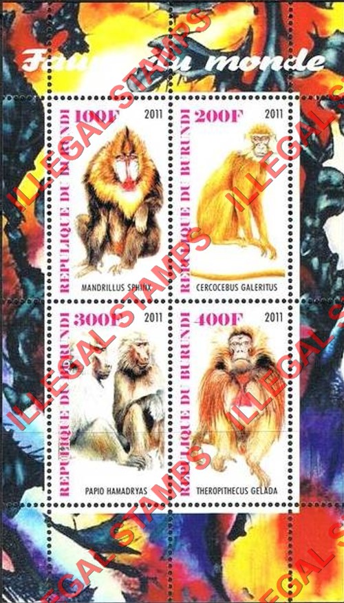 Burundi 2011 Fauna of the World Monkeys Counterfeit Illegal Stamp Souvenir Sheet of 4