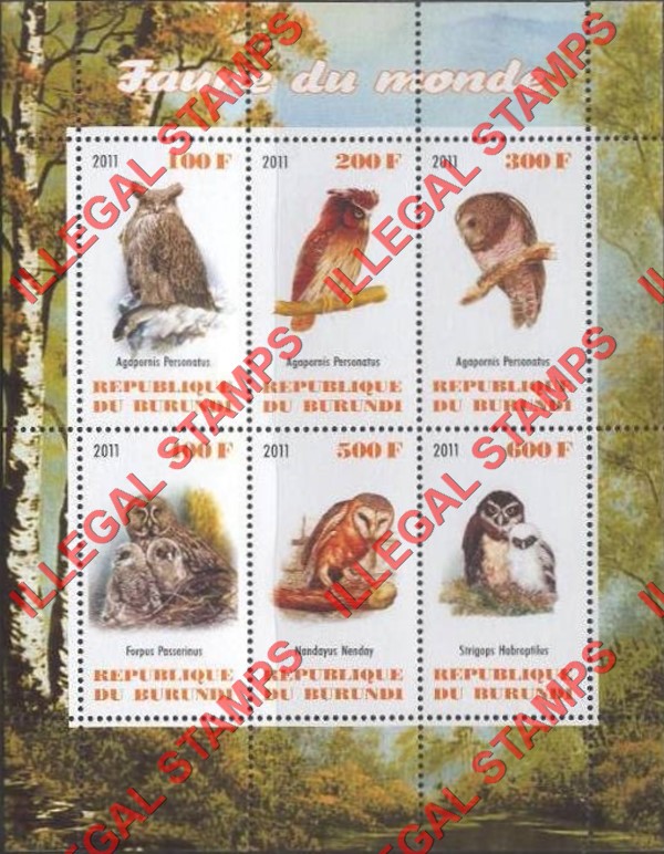 Burundi 2011 Fauna of the World Owls Counterfeit Illegal Stamp Souvenir Sheet of 6