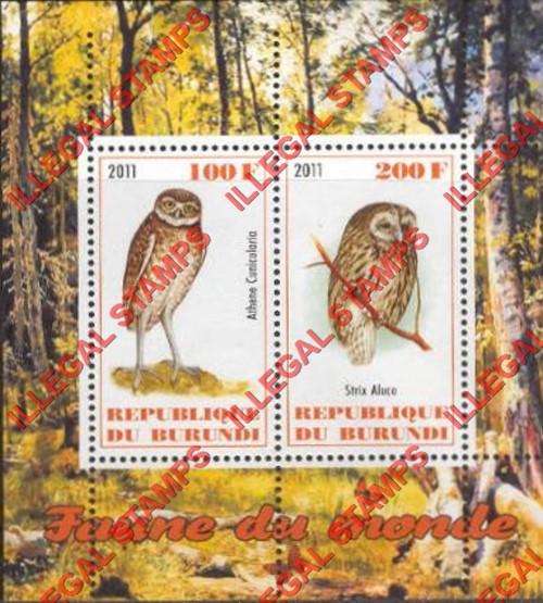 Burundi 2011 Fauna of the World Owls Counterfeit Illegal Stamp Souvenir Sheet of 2