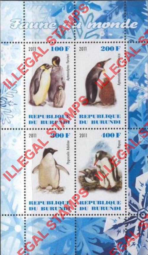 Burundi 2011 Fauna of the World Penguins Counterfeit Illegal Stamp Souvenir Sheet of 4