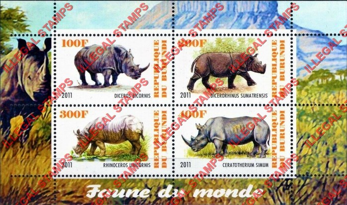 Burundi 2011 Fauna of the World Rhinoceros Counterfeit Illegal Stamp Souvenir Sheet of 4