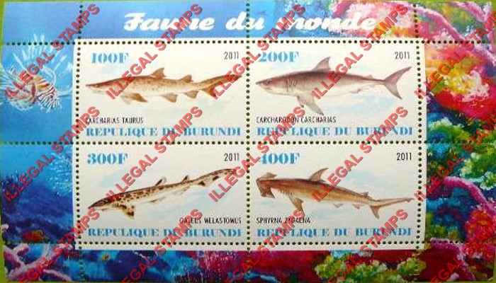 Burundi 2011 Fauna of the World Sharks Counterfeit Illegal Stamp Souvenir Sheet of 4