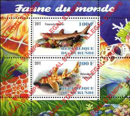 Burundi 2011 Fauna of the World Sharks Counterfeit Illegal Stamp Souvenir Sheet of 2