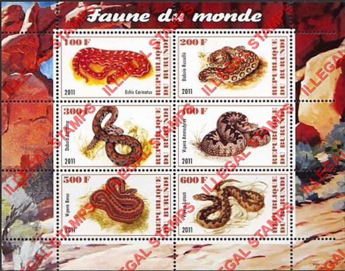 Burundi 2011 Fauna of the World Snakes Counterfeit Illegal Stamp Souvenir Sheet of 6