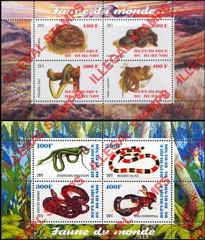 Burundi 2011 Fauna of the World Snakes Counterfeit Illegal Stamp Souvenir Sheets of 4
