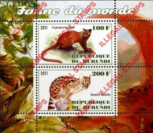 Burundi 2011 Fauna of the World Wild Cats Fossa and Genet Counterfeit Illegal Stamp Souvenir Sheet of 2