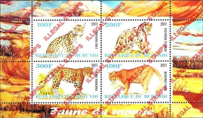 Burundi 2011 Fauna of the World Wild Cats Jaguars and Lynxes Counterfeit Illegal Stamp Souvenir Sheet of 4