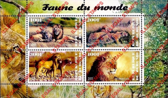 Burundi 2011 Fauna of the World Wild Cats Lions Counterfeit Illegal Stamp Souvenir Sheet of 4