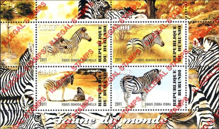 Burundi 2011 Fauna of the World Zebras Counterfeit Illegal Stamp Souvenir Sheet of 4
