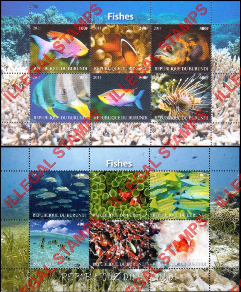Burundi 2011 Fish Counterfeit Illegal Stamp Souvenir Sheet of 6 (Part 1)