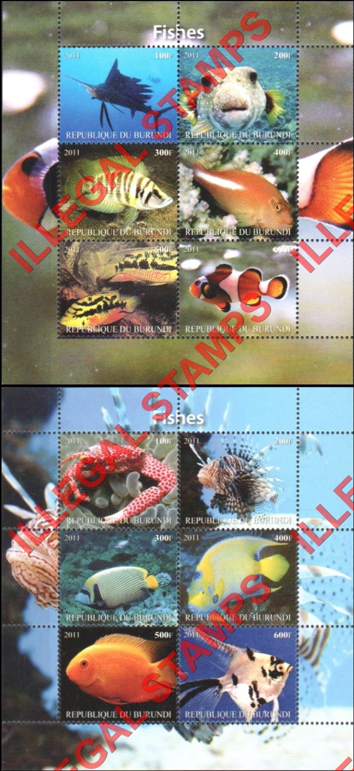 Burundi 2011 Fish Counterfeit Illegal Stamp Souvenir Sheet of 6 (Part 2)