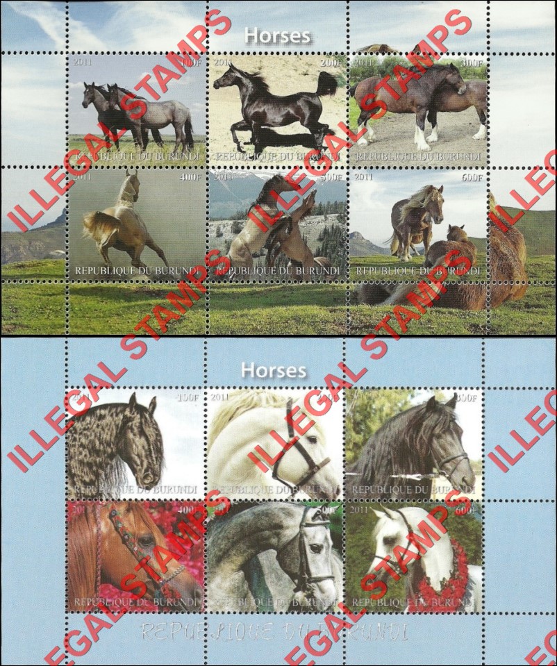 Burundi 2011 Horses Counterfeit Illegal Stamp Souvenir Sheet of 6 (Part 1)