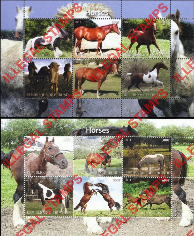 Burundi 2011 Horses Counterfeit Illegal Stamp Souvenir Sheet of 6 (Part 2)