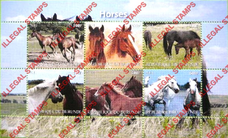 Burundi 2011 Horses Counterfeit Illegal Stamp Souvenir Sheet of 6 (Part 3)