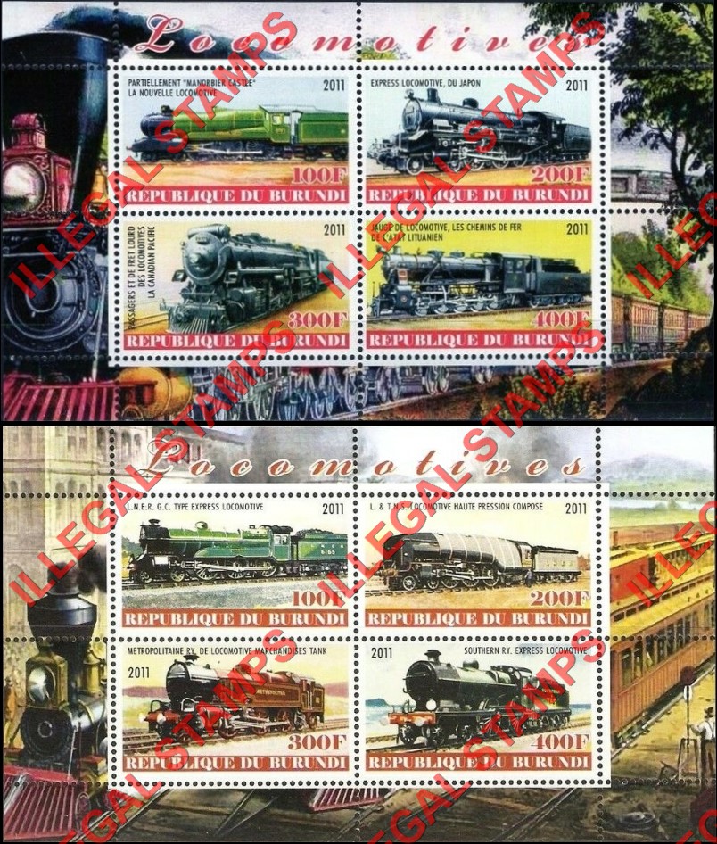 Burundi 2011 Locomotives Counterfeit Illegal Stamp Souvenir Sheet of 4 (Part 1)