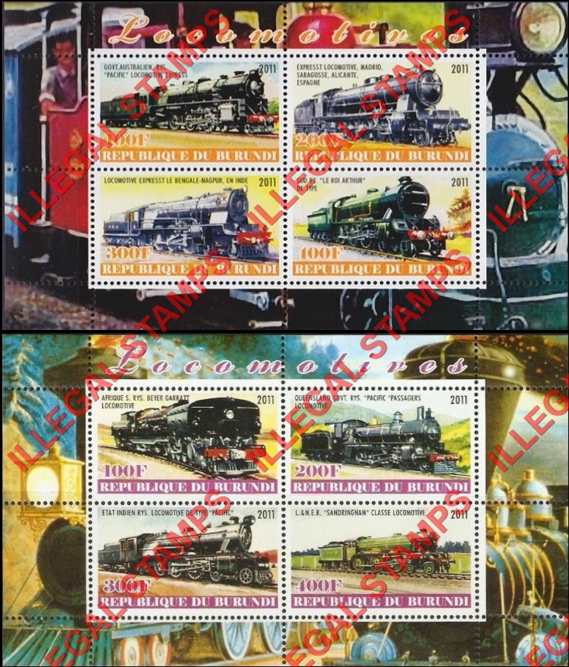 Burundi 2011 Locomotives Counterfeit Illegal Stamp Souvenir Sheet of 4 (Part 2)