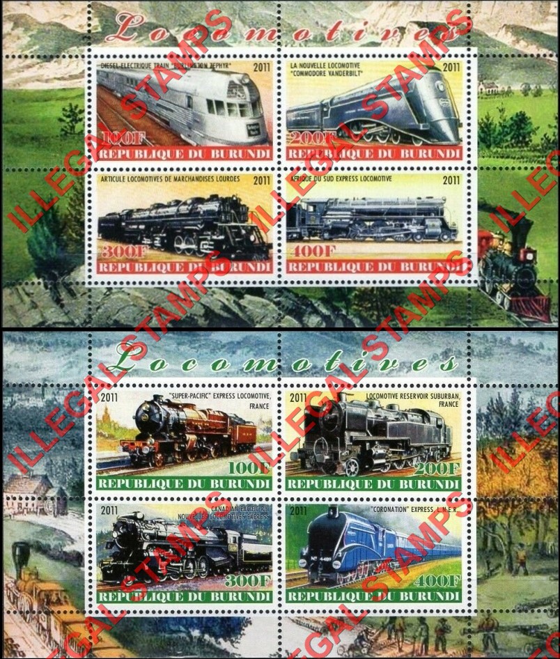 Burundi 2011 Locomotives Counterfeit Illegal Stamp Souvenir Sheet of 4 (Part 3)