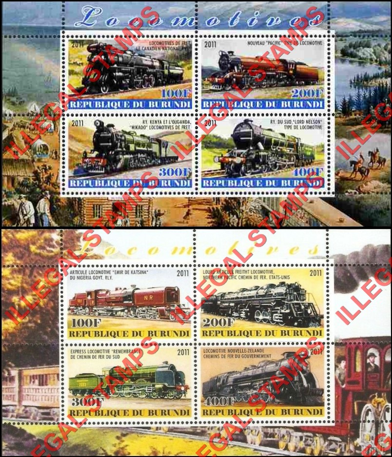 Burundi 2011 Locomotives Counterfeit Illegal Stamp Souvenir Sheet of 4 (Part 4)