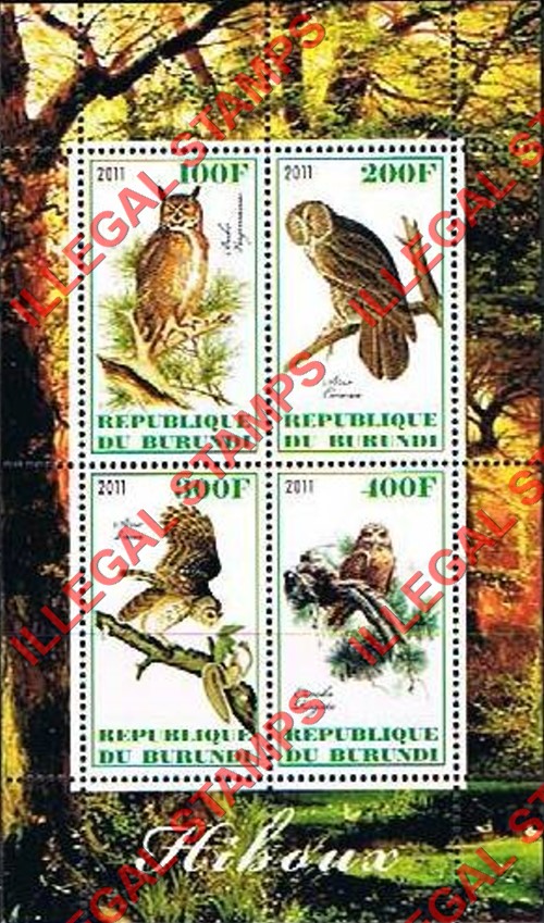 Burundi 2011 Owls Counterfeit Illegal Stamp Souvenir Sheet of 4