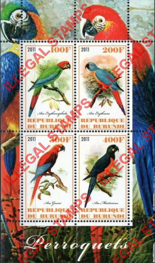 Burundi 2011 Parrots Counterfeit Illegal Stamp Souvenir Sheet of 4