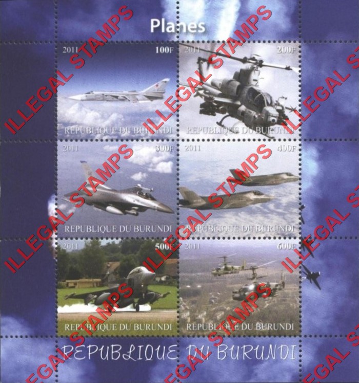 Burundi 2011 Planes Counterfeit Illegal Stamp Souvenir Sheet of 6
