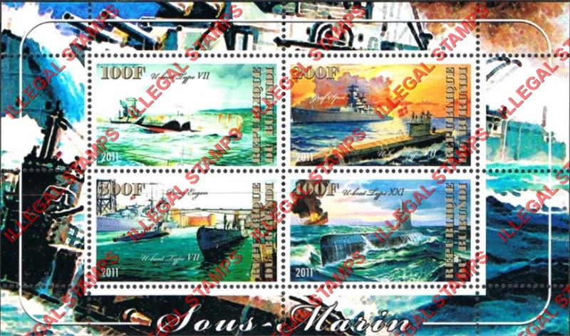 Burundi 2011 Submarines Counterfeit Illegal Stamp Souvenir Sheet of 4